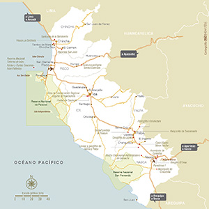 Mapa de las vías de acceso a Ica
(clic para agrandar)